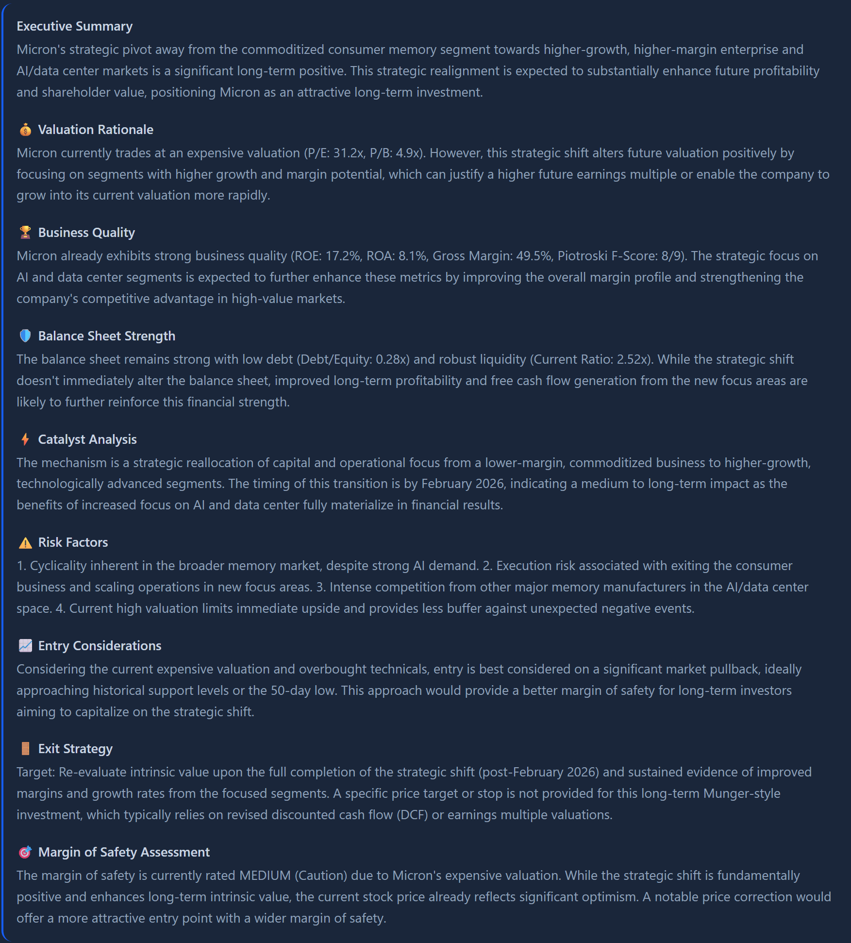 Bekodia Investment Thesis showing comprehensive analysis with valuation rationale, business quality, risk factors, and entry/exit strategies